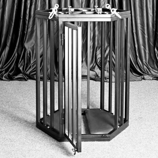 BDSM Hex Steel Hanging Cage with Neck & Wrist Pillory - Image 2