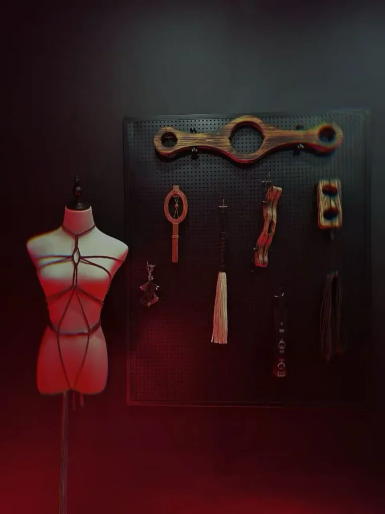 Custom BDSM dungeon furniture and impact play gear wall